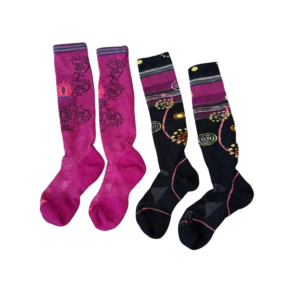 Smartwool PhD Ski Socks Women Medium Pink Black Excellent Merino Wool 2 Pair Set